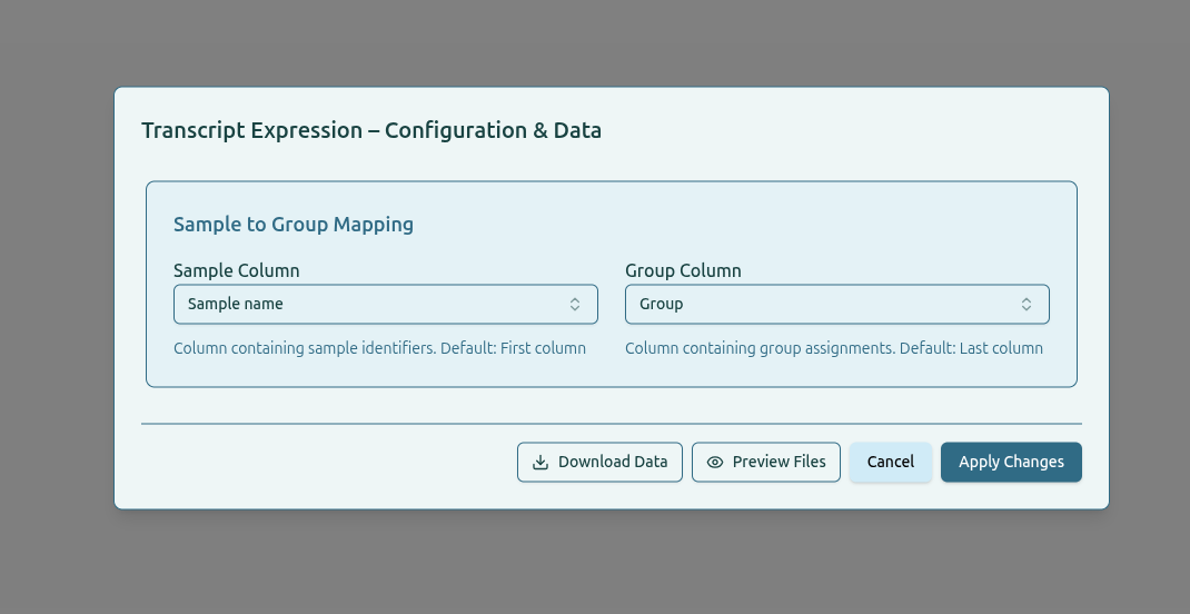 Settings panel for sample and group mapping