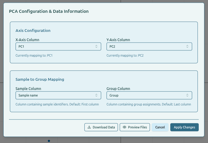 PCA configuration settings panel